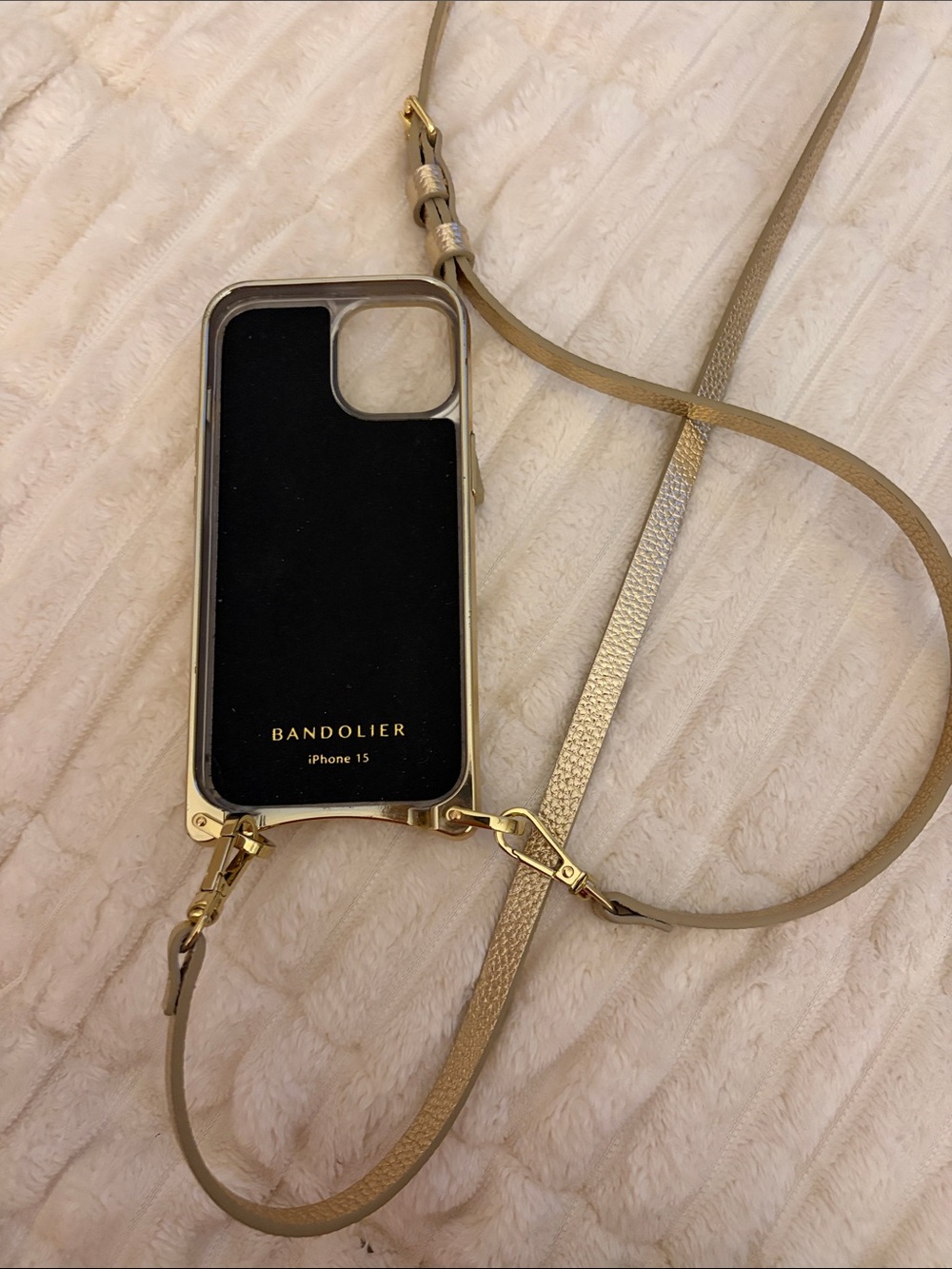 Gold Bandolier iPhone 15 Crossbody Case with gold Trim and leather Strap